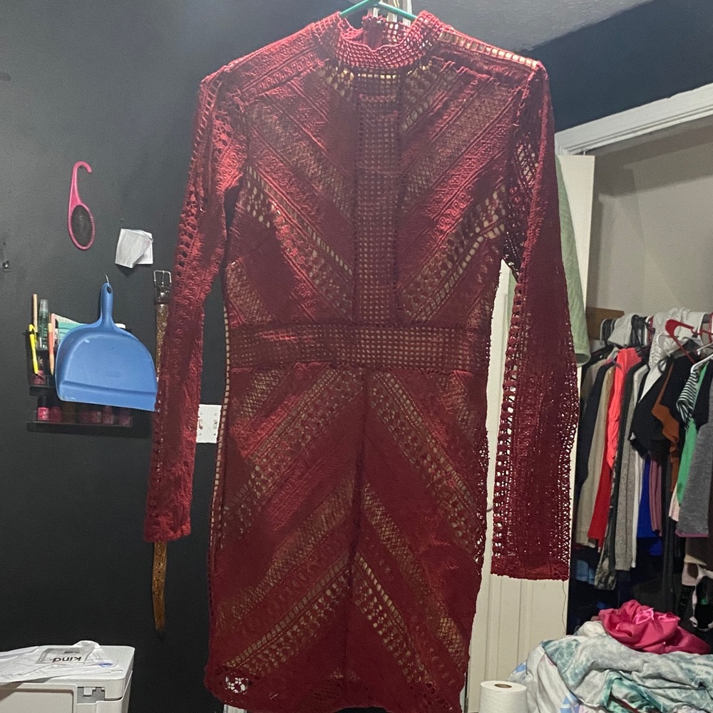 Boohoo Burgundy Lace Long Sleeve Dress